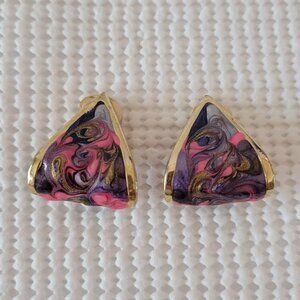 Gold Tone Curved Purple Pink Black Swirled Enamel Clip On Triangle Earrings